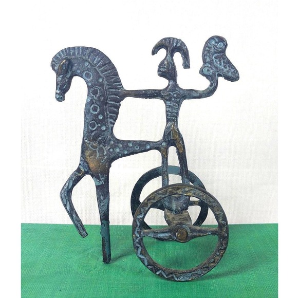 Other - Vintage Verdigris Bronze Chariot Figurine Greek Etruscan Style with Athena's Owl